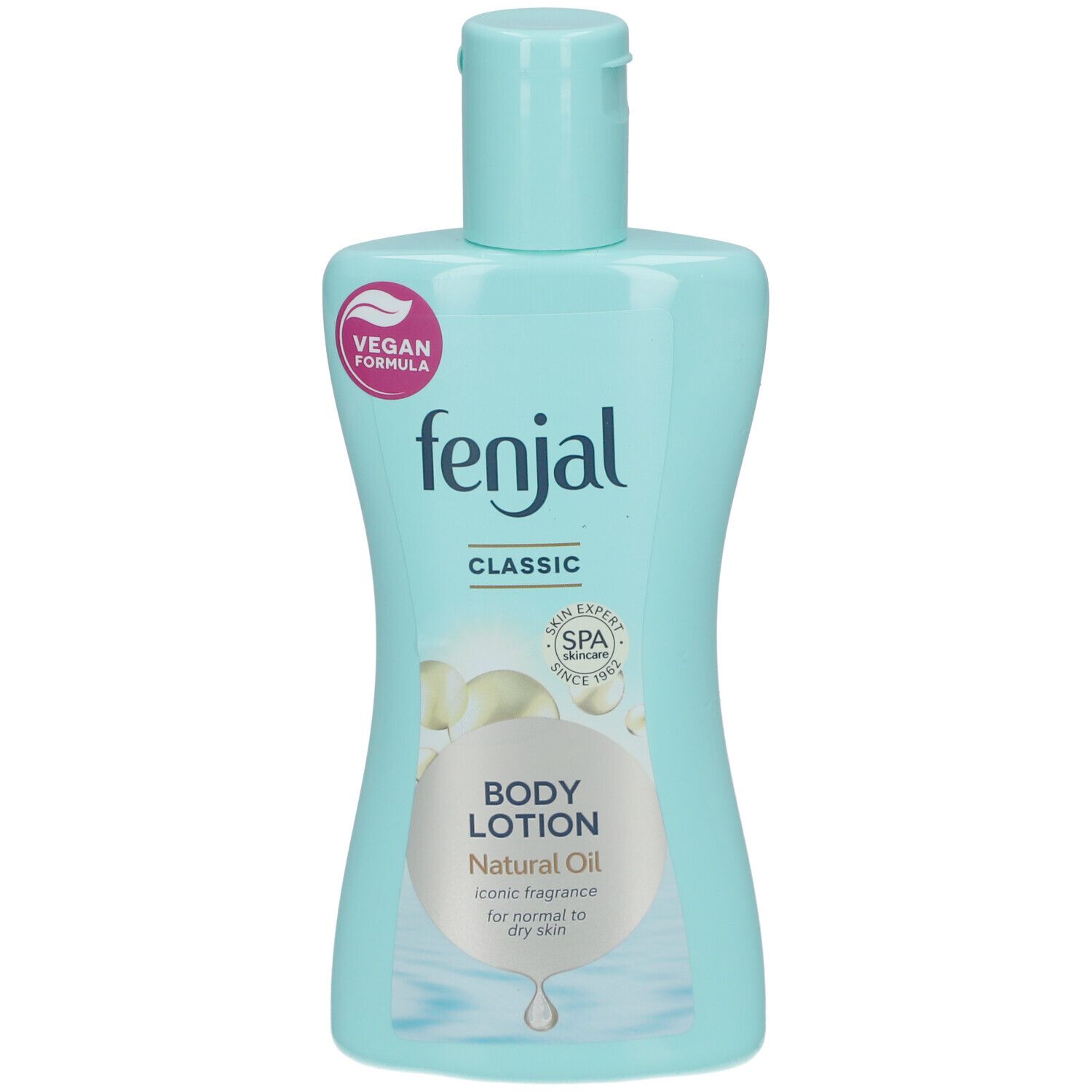 Flacon bleu clair FENJAL Classic Body Lotion. Logo végan. Texte: Natural Oil, pour peau sèche.