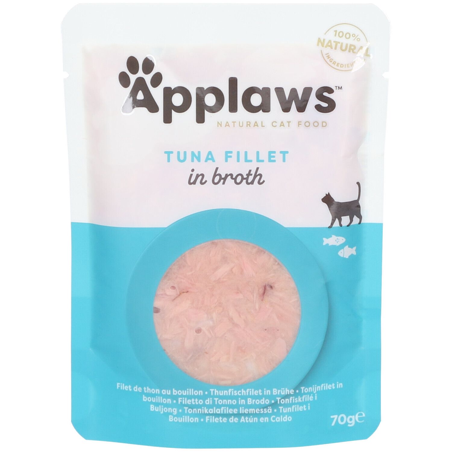 Sachet de Filet de Thon Applaws en bouillon. Produit visible dans un cercle bleu. 100% naturel. 70g.