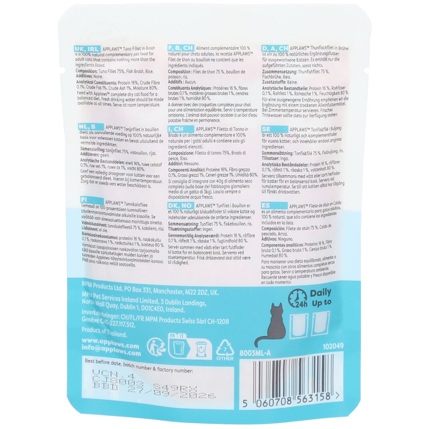 Dos du sachet de Filet de Thon Applaws. Texte multilingue. Silhouette de chat noir. Date de péremption.