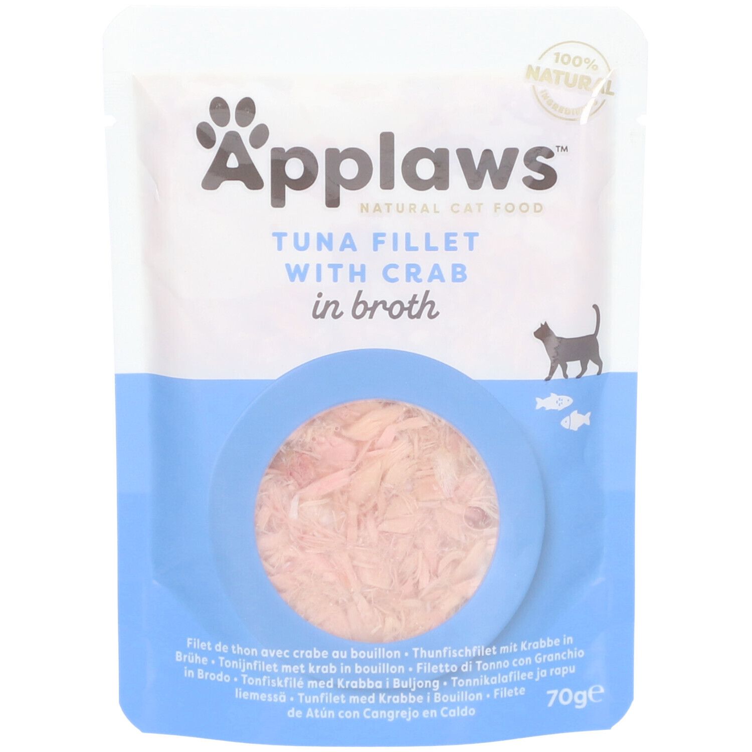 Sachet de filets de thon et crabe Applaws en bouillon. Produit visible dans un emballage bleu et blanc.