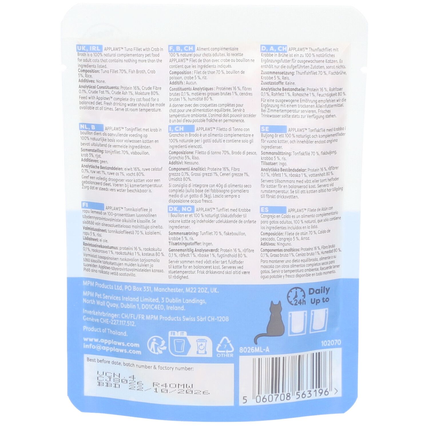 Dos du sachet Applaws avec texte et informations nutritionnelles. Silhouette de chat noir.