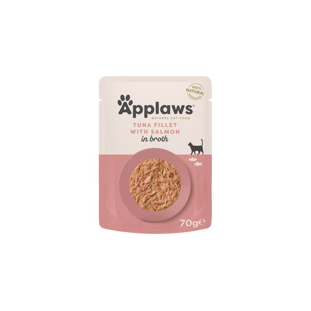 Emballage Applaws pour chat, filets de thon et saumon. Emballage rose et blanc avec image et texte. 70g.