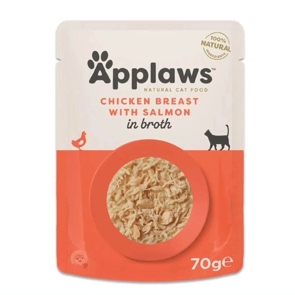 Nourriture pour chat Applaws : poitrine de poulet avec saumon en bouillon, sachet de 70g.