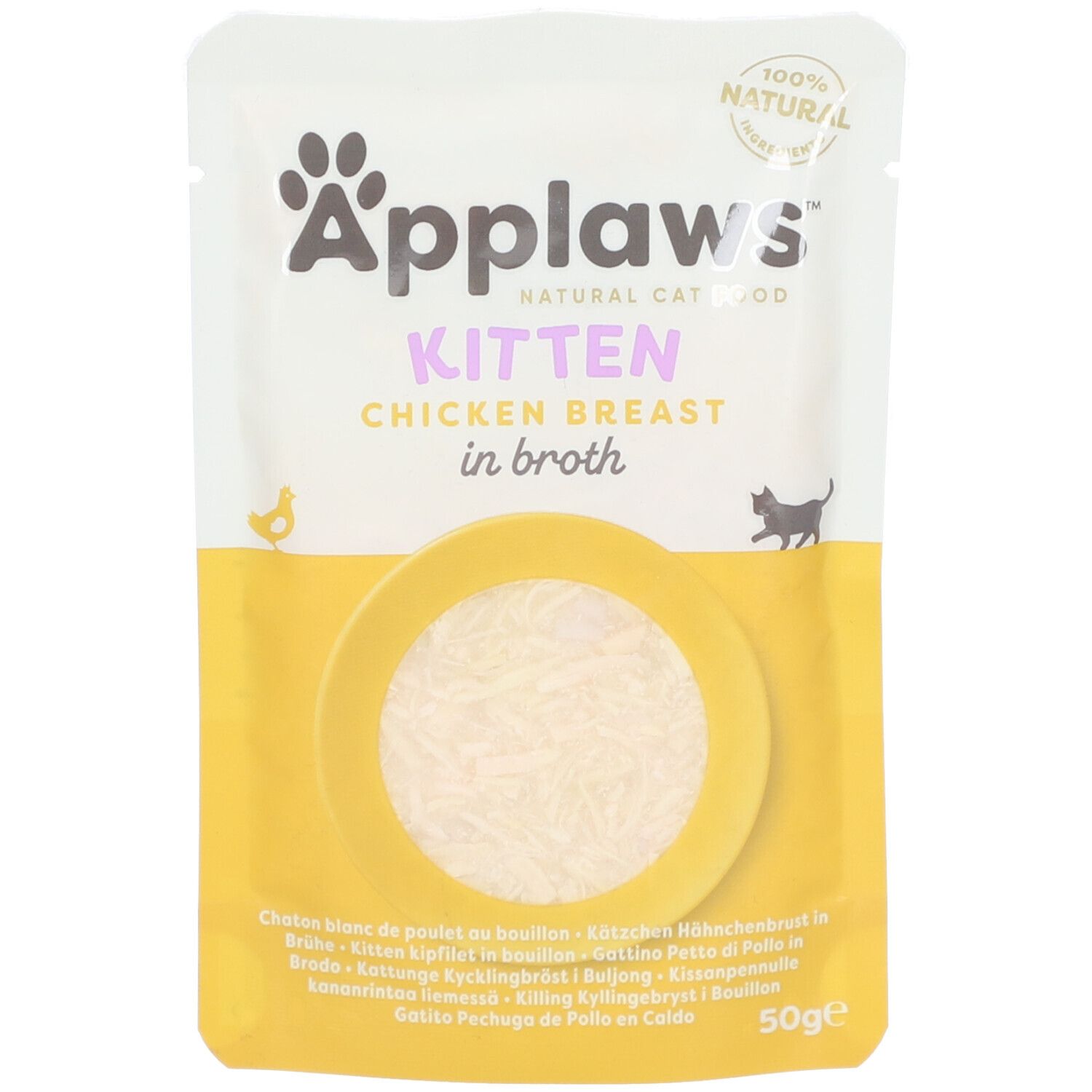 Sachet Applaws Kitten au poulet en bouillon. Inscription: Kitten, Chicken Breast, 100% naturel, 50g.