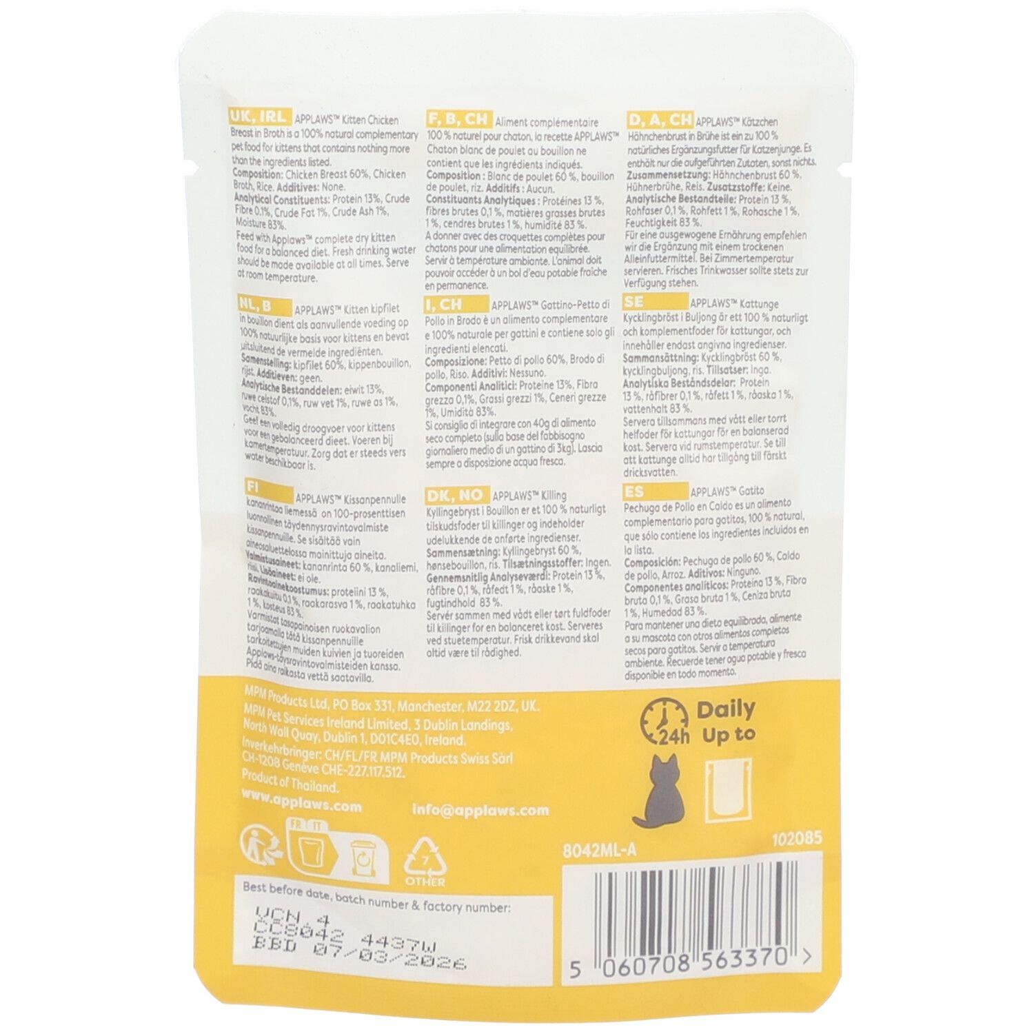 Dos du sachet Applaws Kitten. Texte: ingrédients, analyse, recommandations, informations de contact.