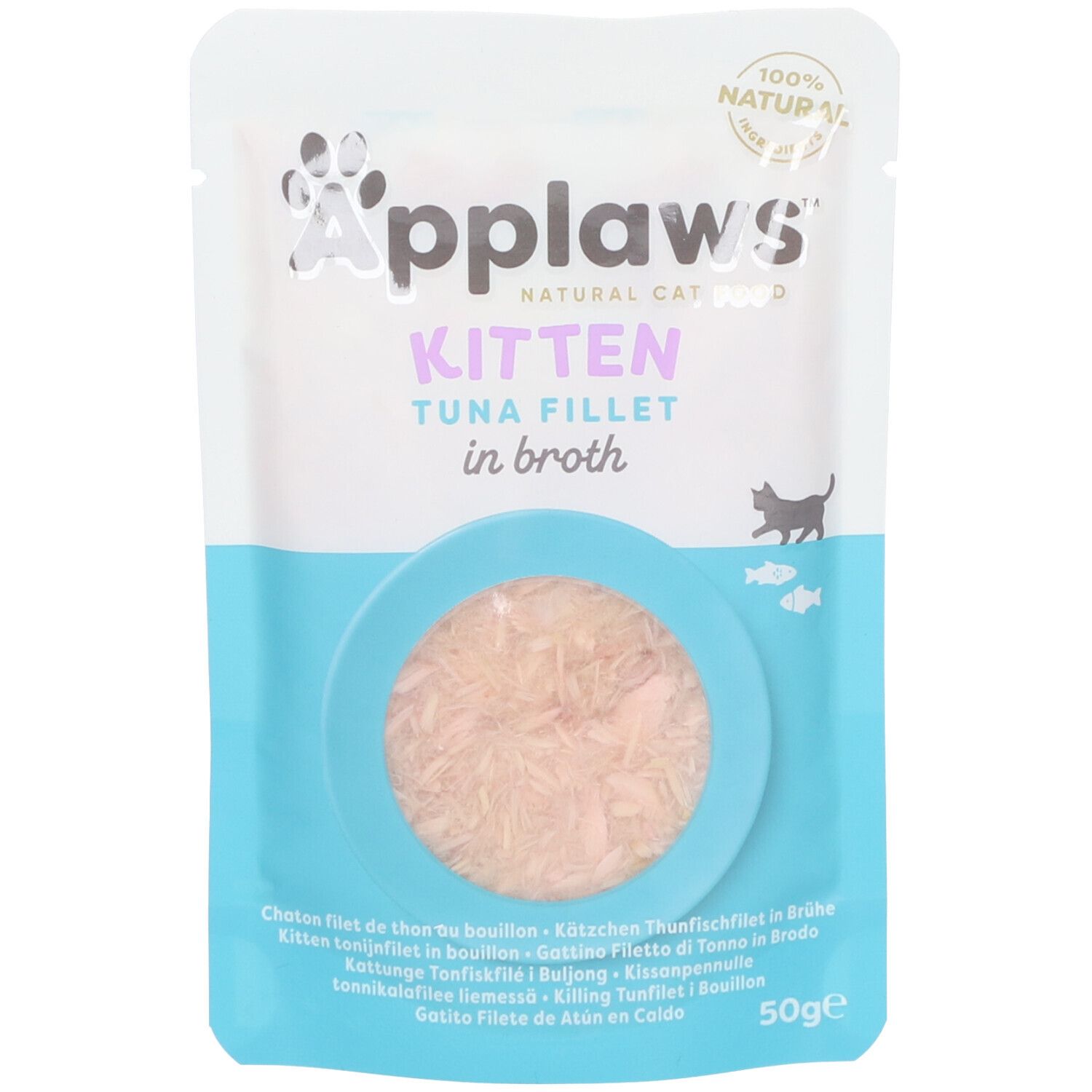 Arrière d'un sachet de nourriture pour chat avec ingrédients et informations nutritionnelles.