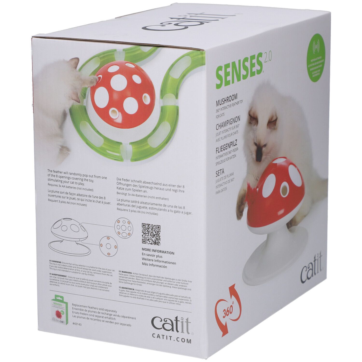 Boîte Catit Senses 2.0 Fliegenpilz. Champignon rouge, piste verte, chat. Texte: Senses 2.0, Catit.
