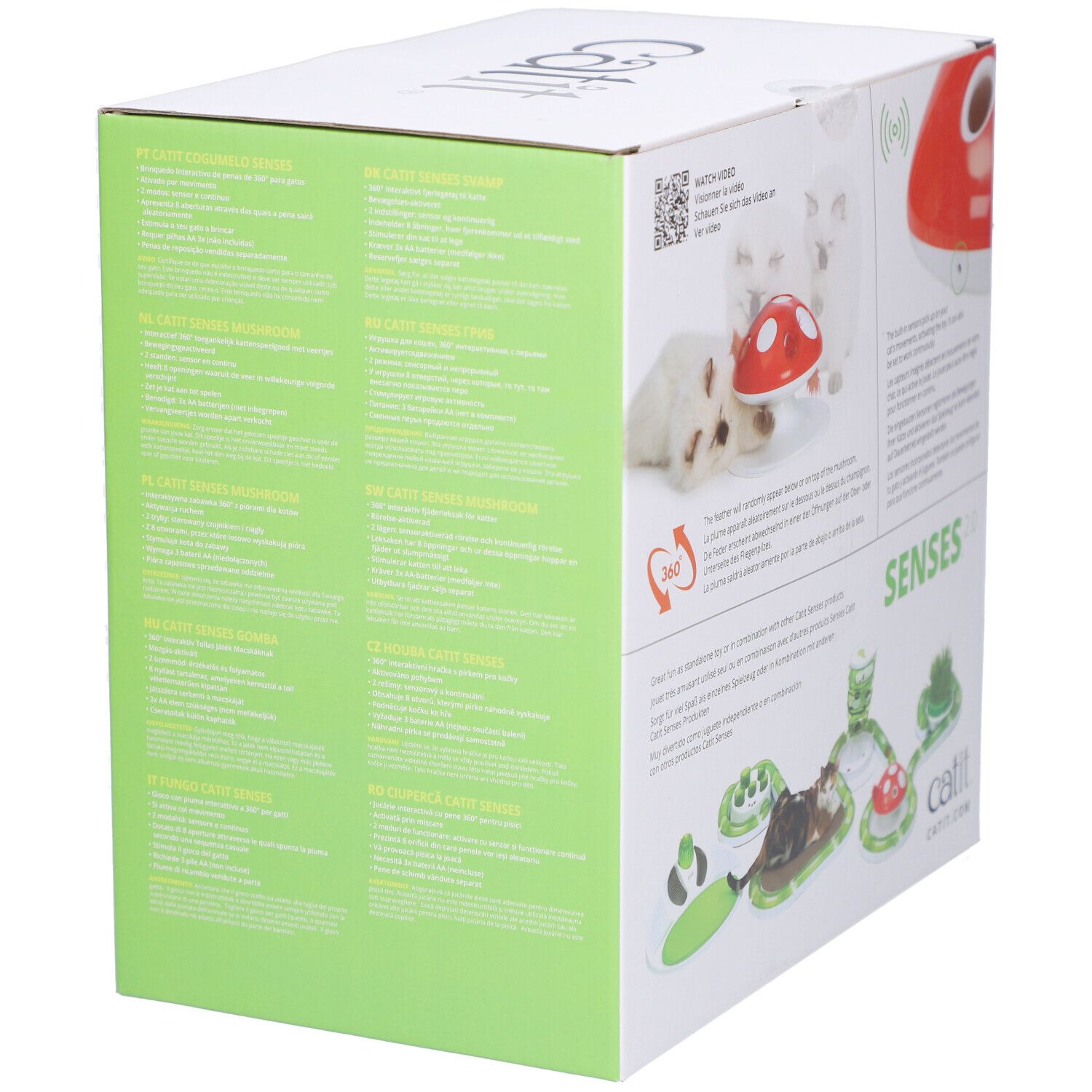 Boîte Catit Senses 2.0 Fliegenpilz. Champignon rouge, éléments verts, chats. Texte: Senses 2.0, Catit.