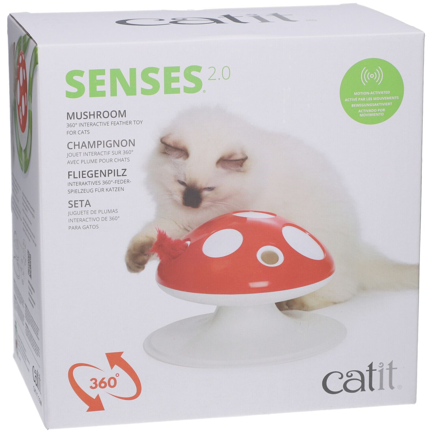 Boîte Catit Senses 2.0 Fliegenpilz. Champignon rouge sur socle blanc, chat à côté. Texte: Senses 2.0, Catit.