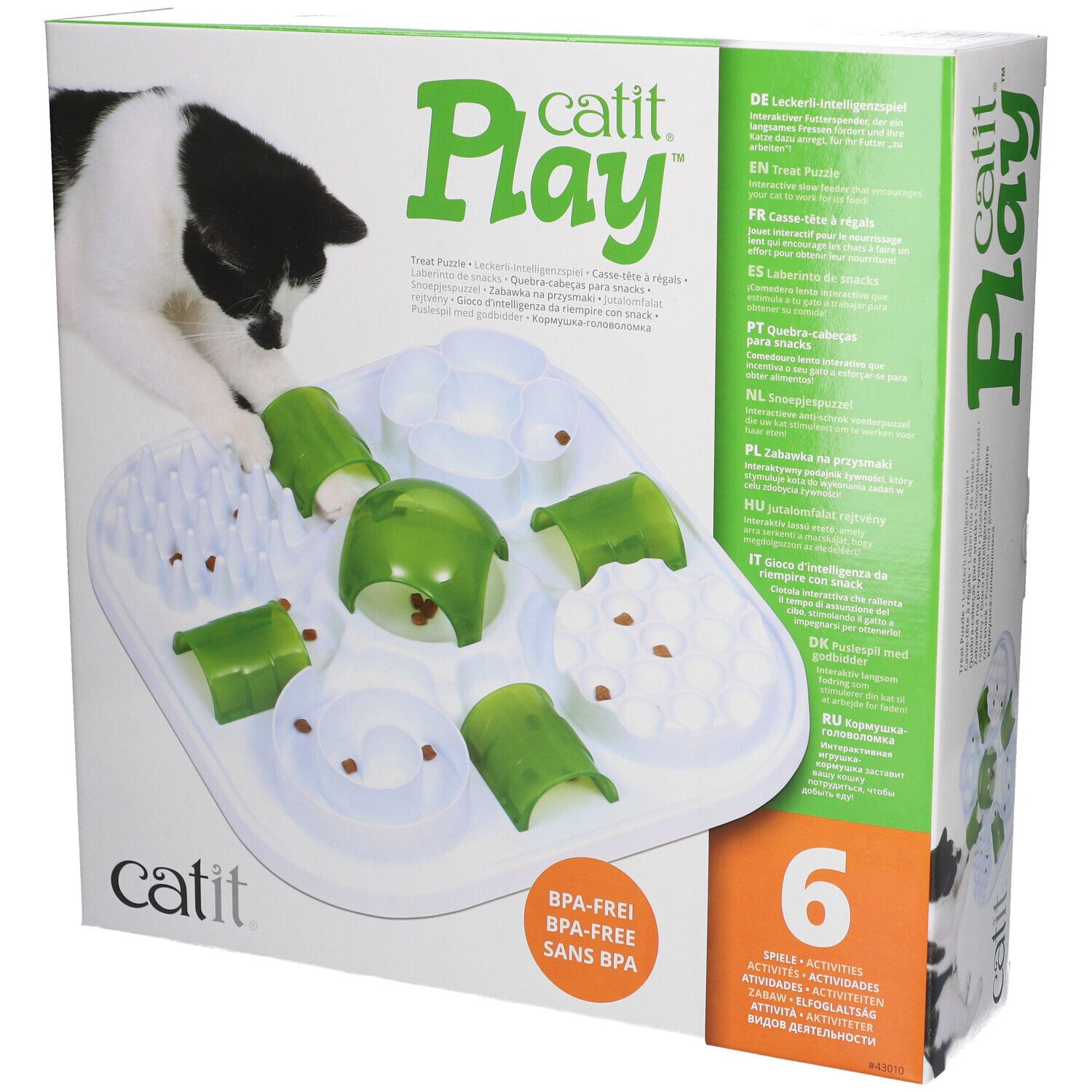 Catit Play. Casse-tête à friandises pour chat. Sans BPA. Six activités. Emballage avec chat et produit.