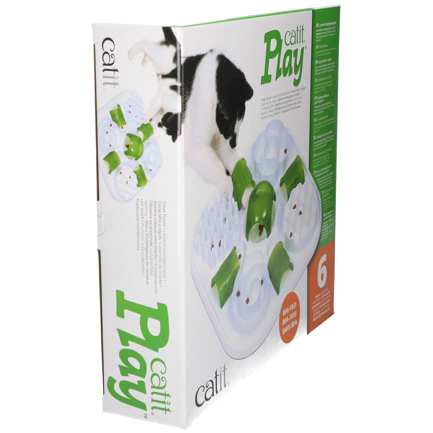 Catit Play. Casse-tête pour chat. Sans BPA. Emballage avec chat et produit, vue latérale.