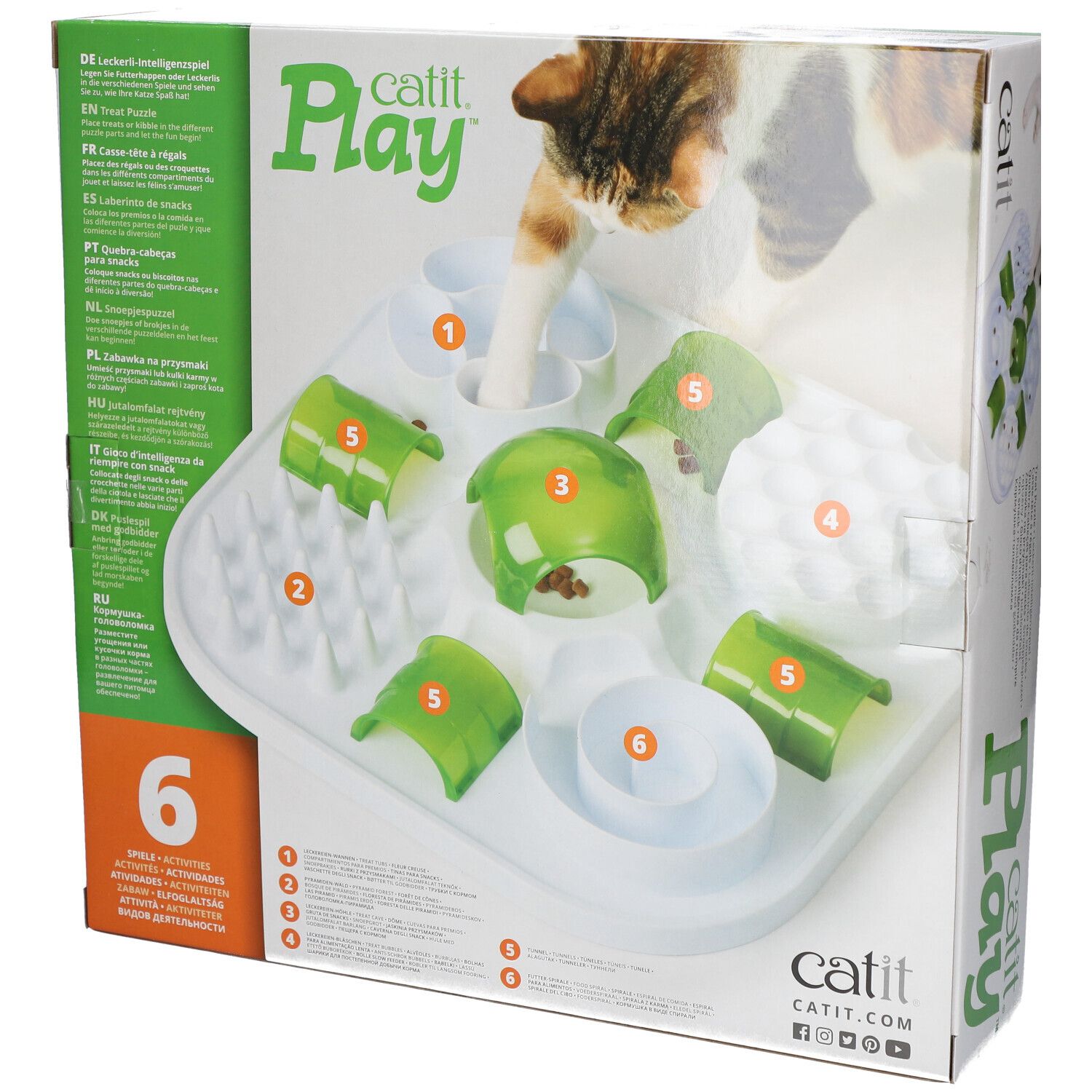 Catit Play. Casse-tête pour chat. Sans BPA. Six activités. Emballage avec chat et produit.