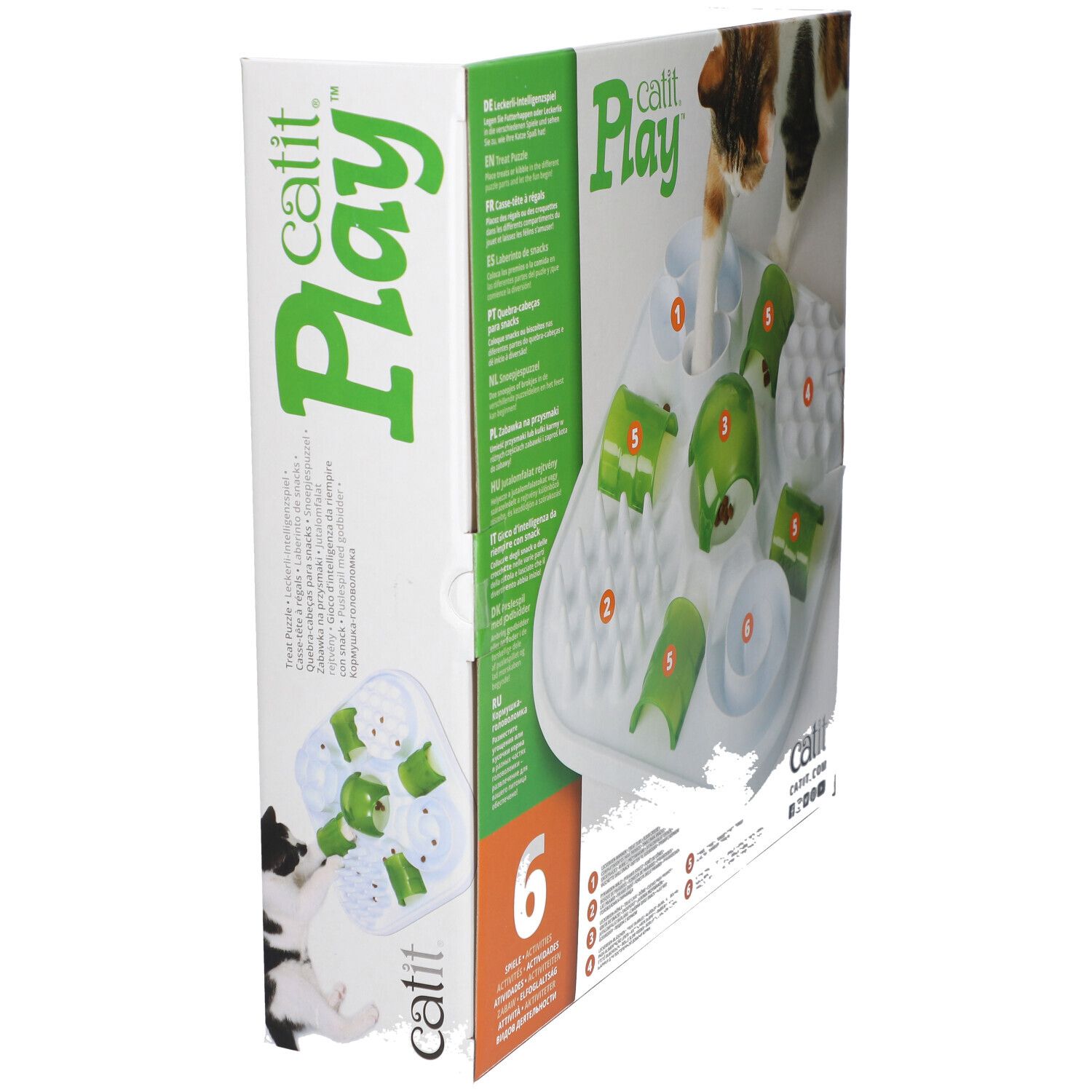 Catit Play. Casse-tête pour chat. Sans BPA. Emballage avec chat et produit, vue latérale.