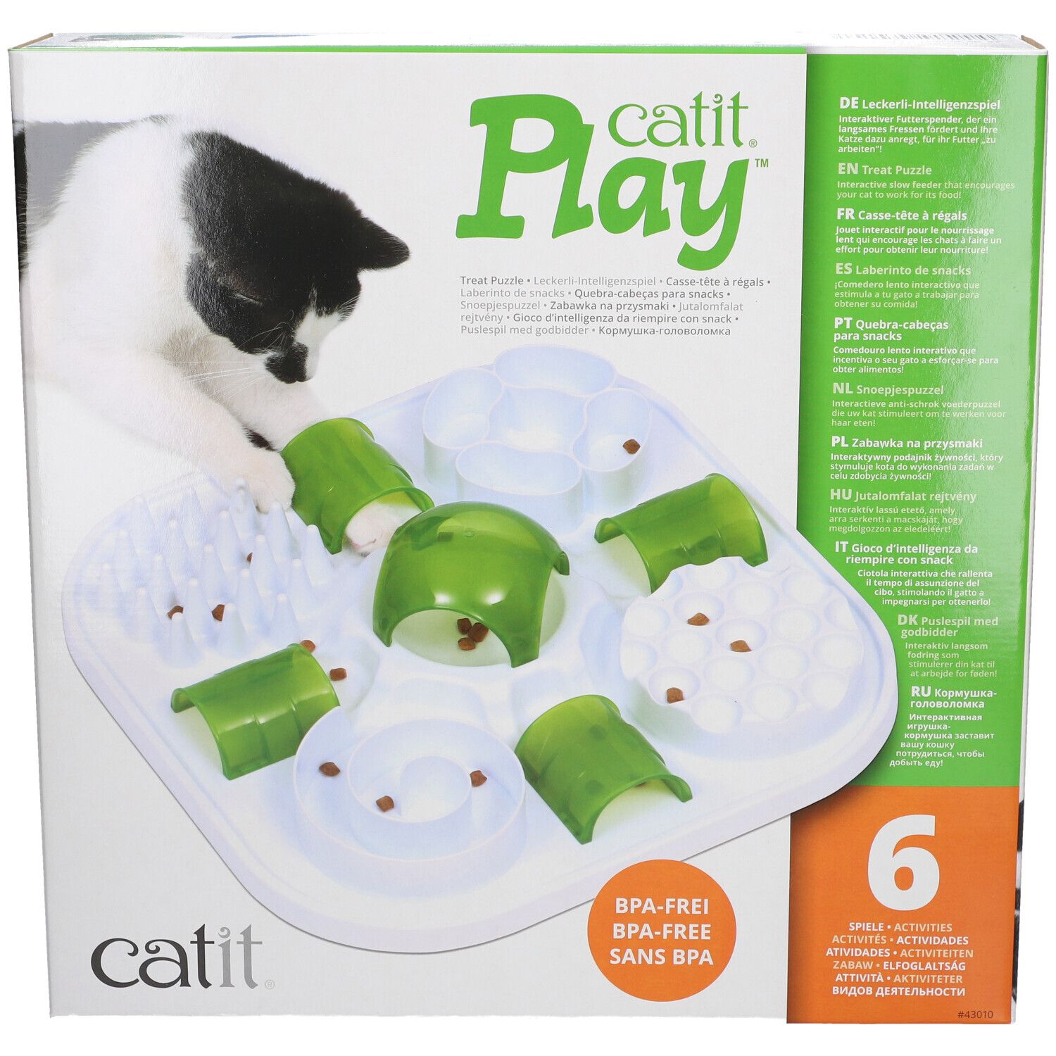 Catit Play. Casse-tête pour chat. Sans BPA. Six activités. Emballage avec chat et produit.