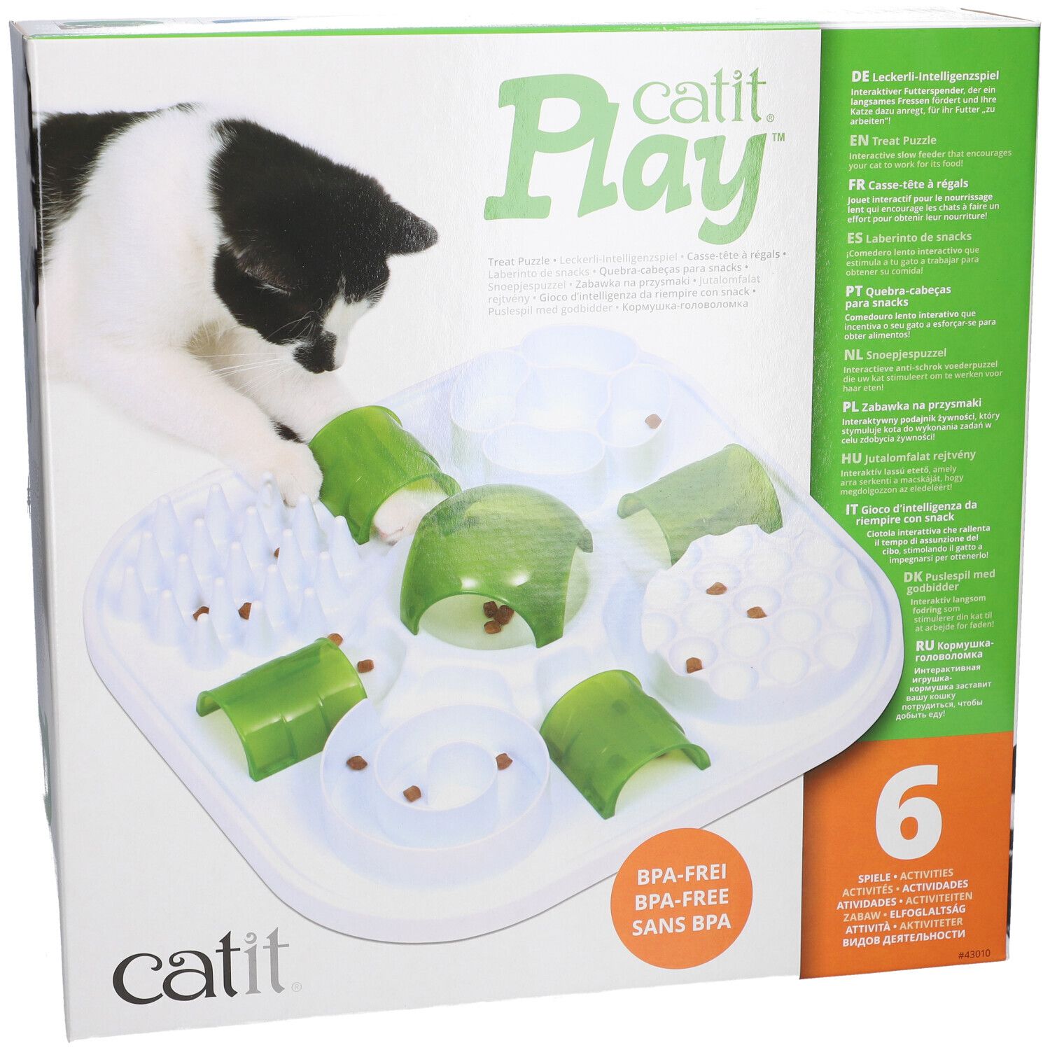 Catit Play. Casse-tête pour chat. Sans BPA. Six activités. Emballage avec chat et produit.