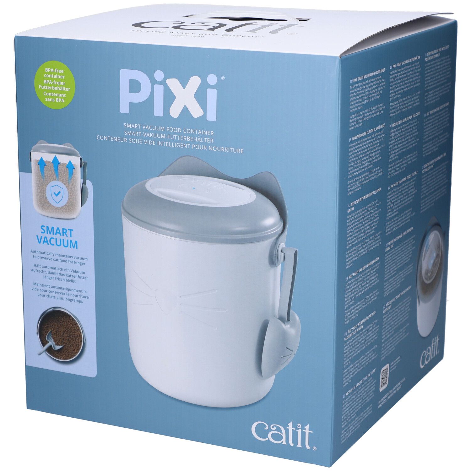 Boîte du conteneur alimentaire Catit Pixi. Conteneur blanc, couvercle gris et accessoires. Texte : Pixi, Catit.