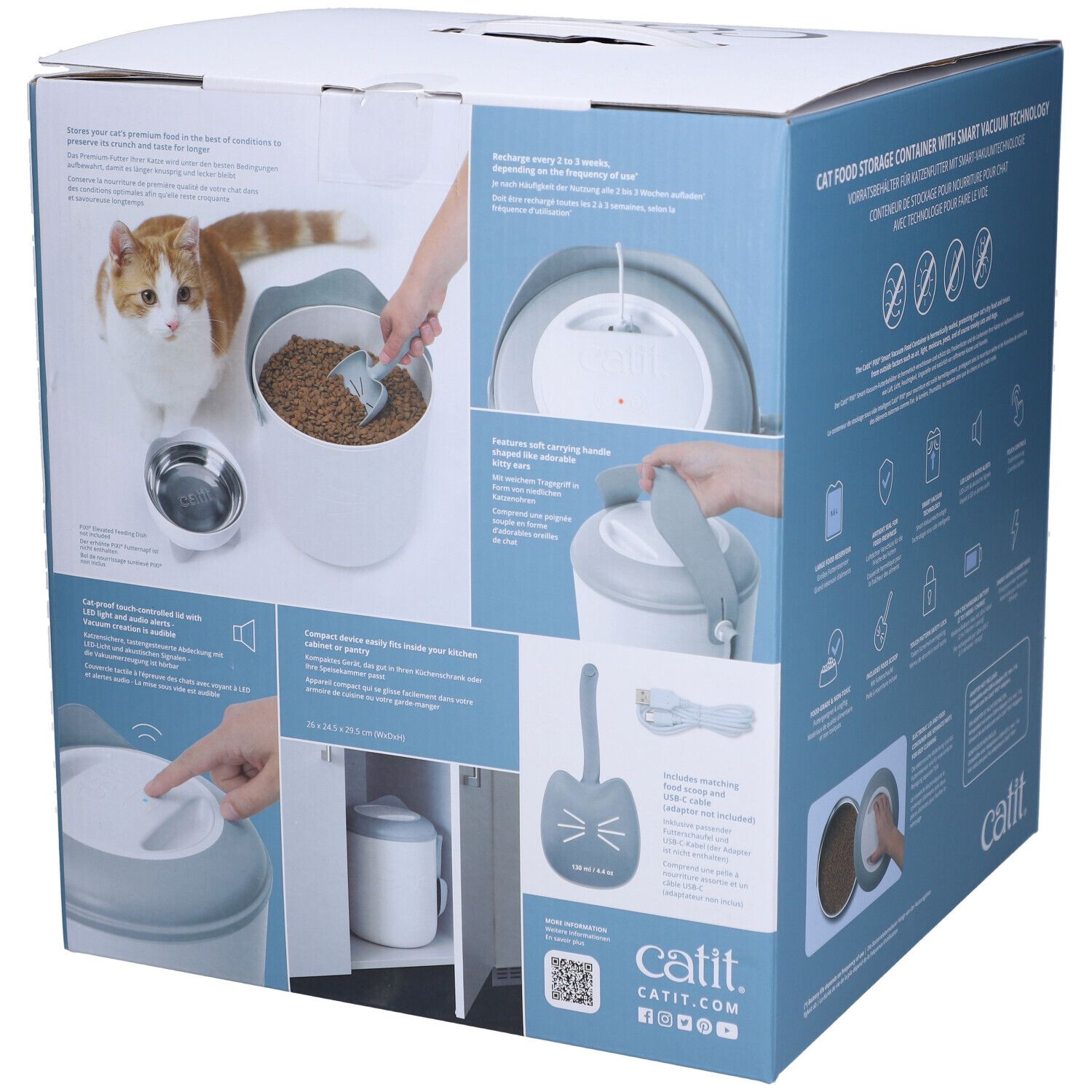 Boîte avec illustrations du Catit Pixi. Conteneur, accessoires et chat. Texte : Catit, code QR.