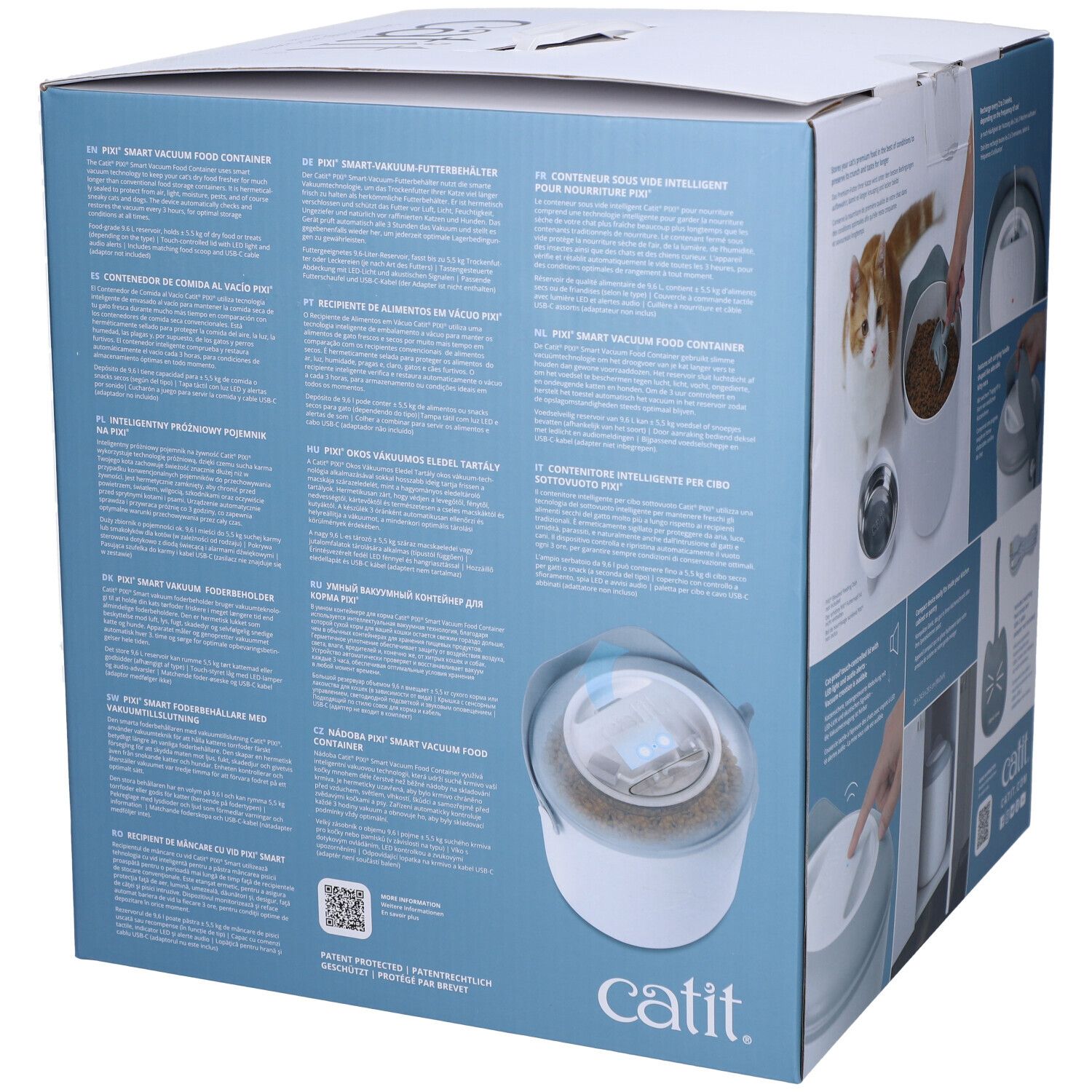Dos de la boîte avec texte et illustrations du Catit Pixi. Texte : Catit, code QR.