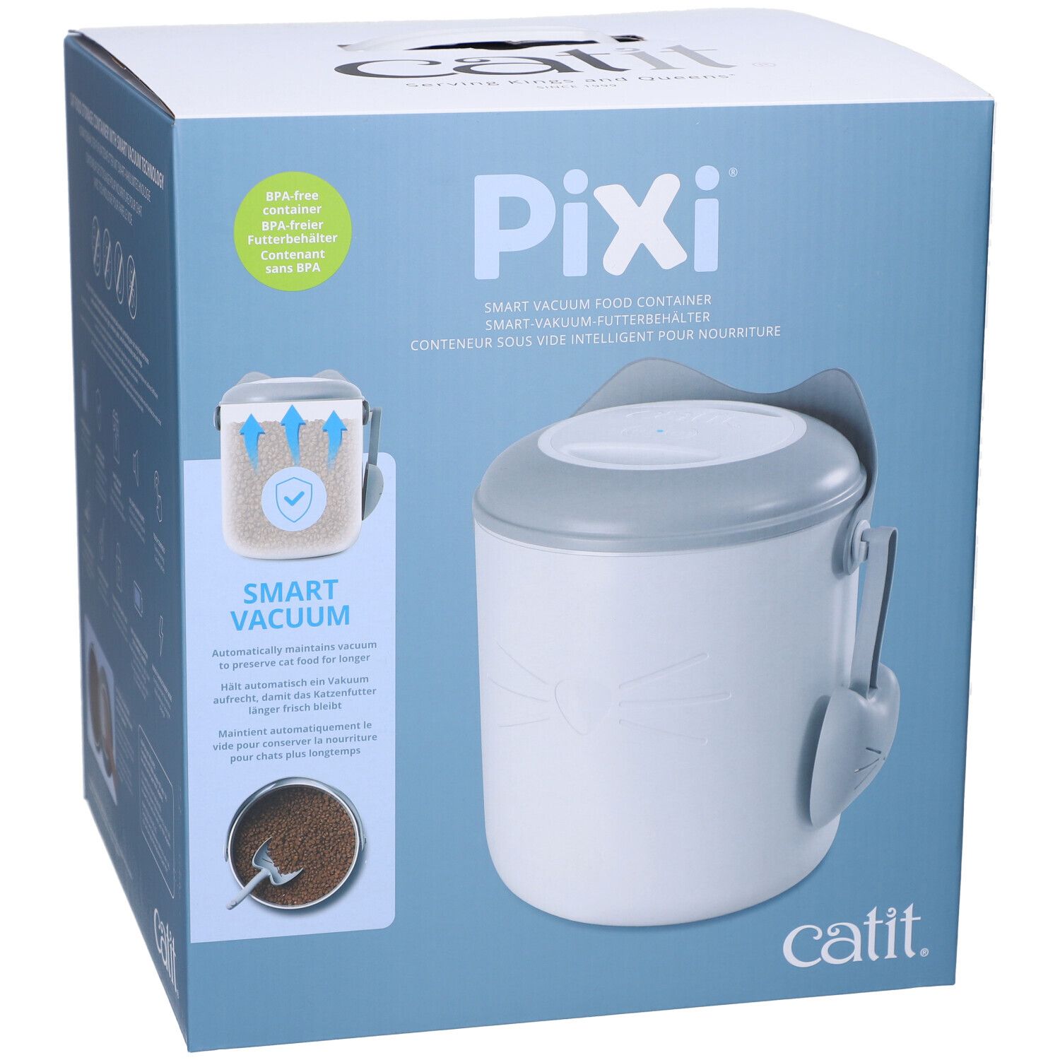 Boîte du conteneur alimentaire Catit Pixi. Conteneur blanc, couvercle gris et accessoires. Texte : Pixi, Catit.