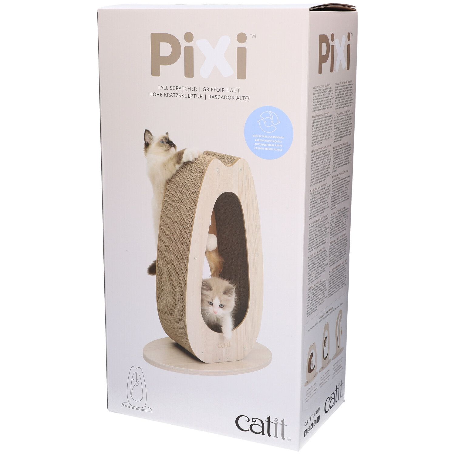 Emballage carton avec griffoir. Inscription Pixi, Catit. Chats jouant sur le griffoir.