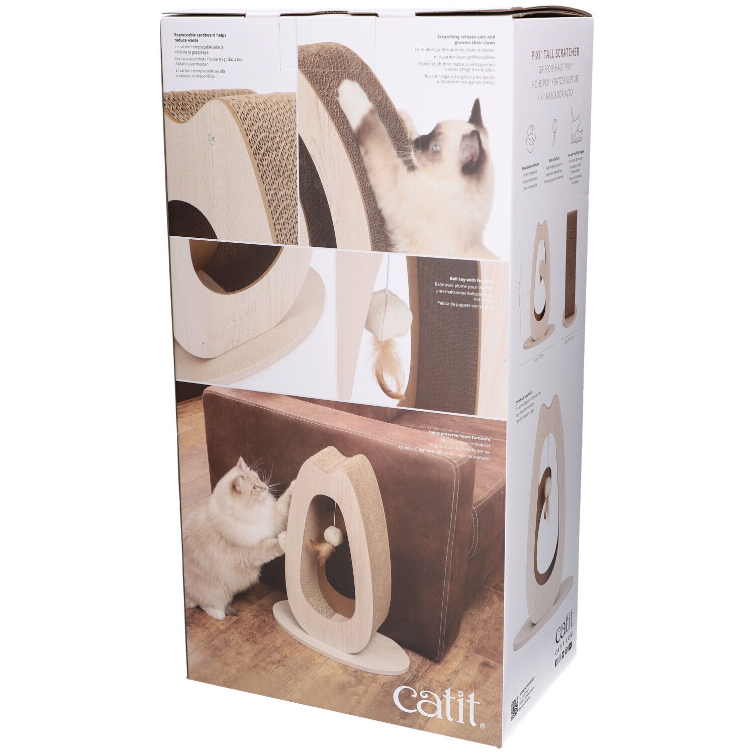 Emballage carton avec griffoir. Vues détaillées du produit et des chats.