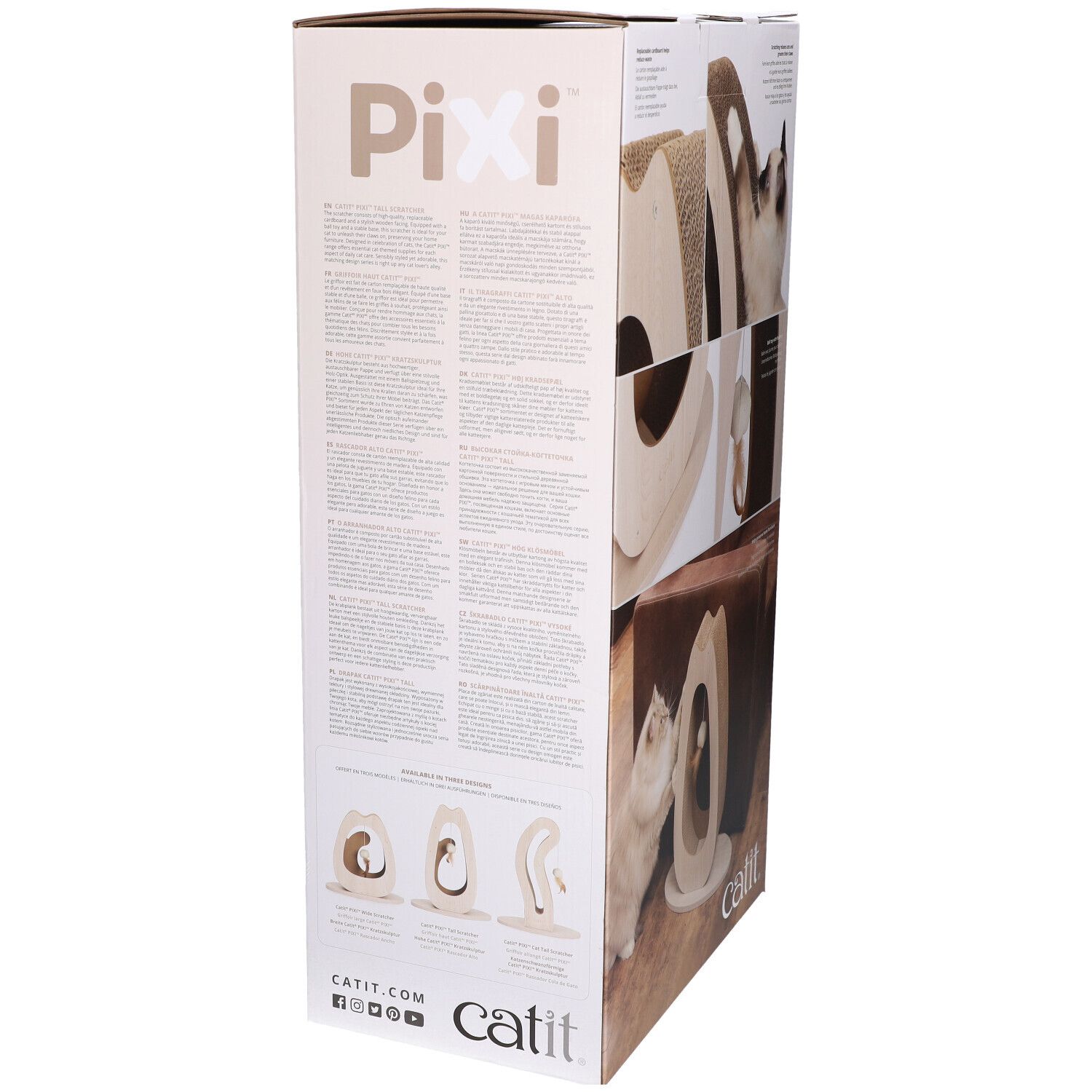 Emballage carton avec griffoir. Dos avec texte et illustrations du produit.
