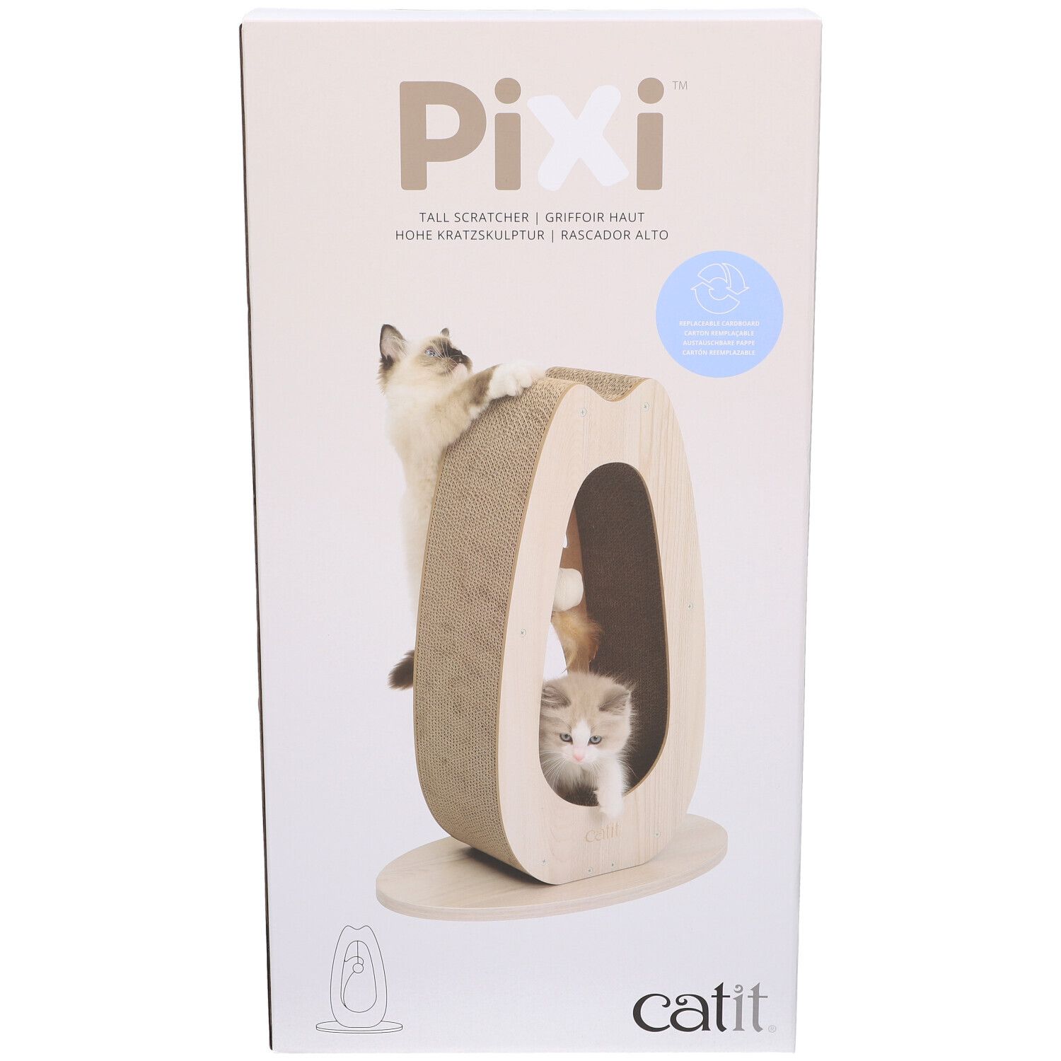 Emballage carton avec griffoir. Inscription Pixi, Catit. Chats jouant sur le griffoir.