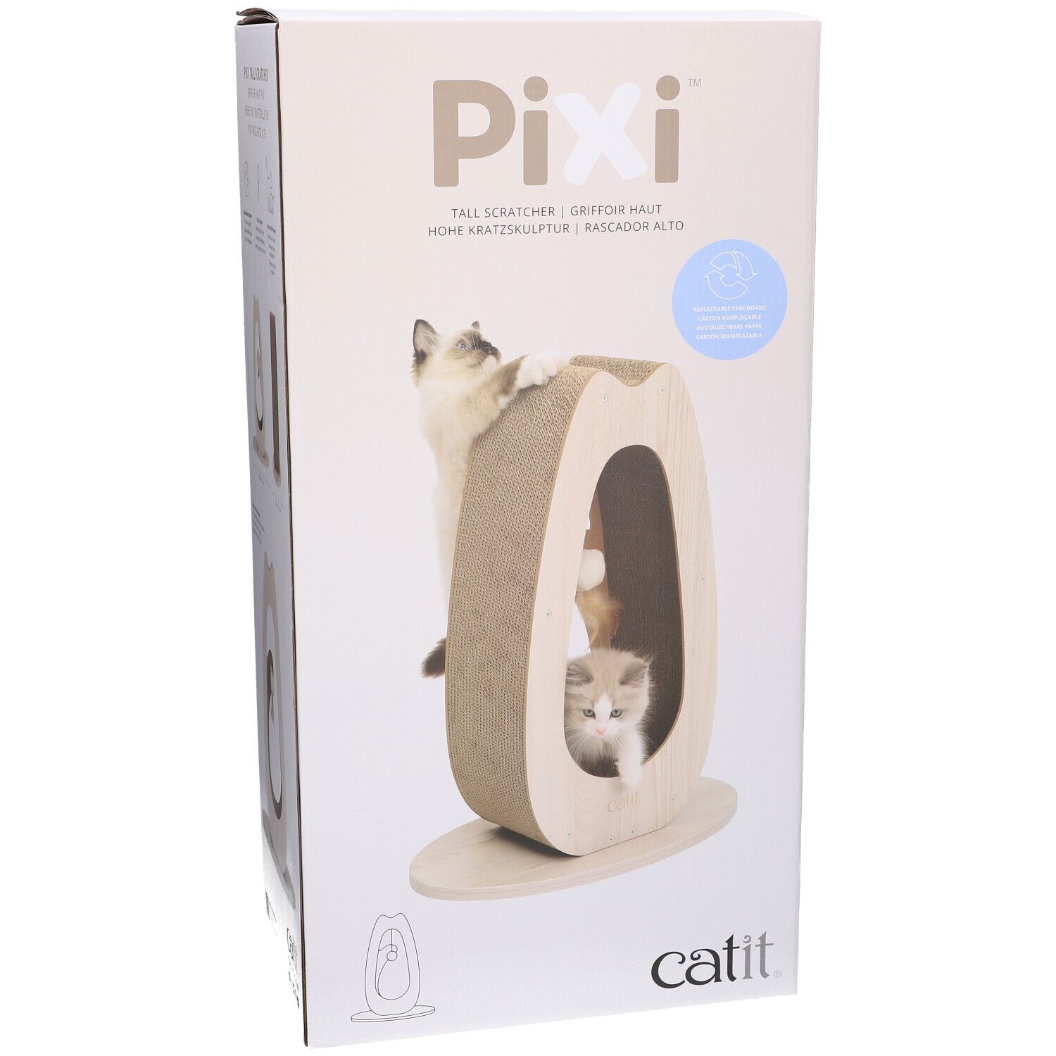 Emballage carton avec griffoir. Inscription Pixi, Catit. Chats jouant sur le griffoir.