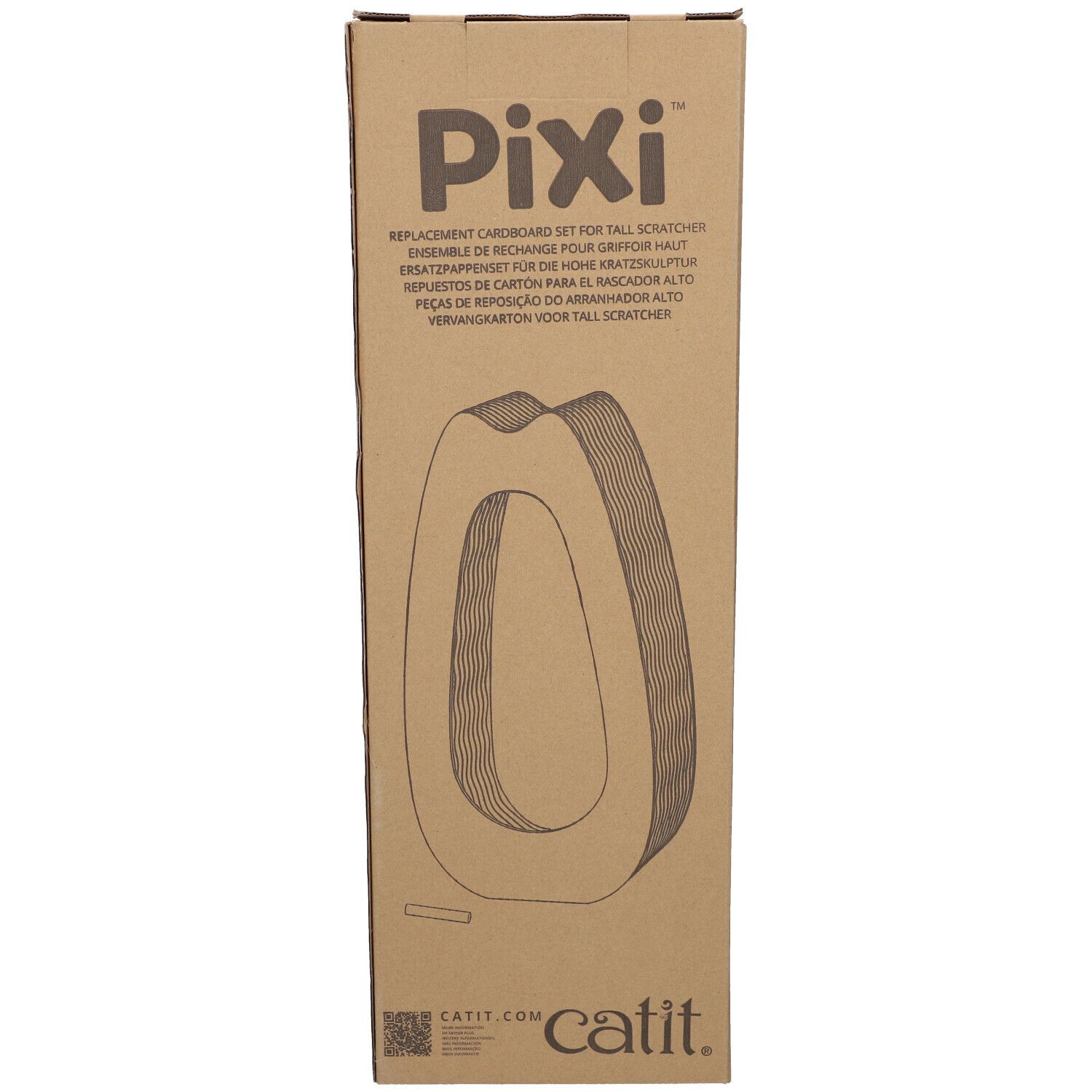 Emballage en carton avec logo "Pixi". Texte : "Replacement Cardboard Set for Tall Scratcher". Logo "Catit" en bas.