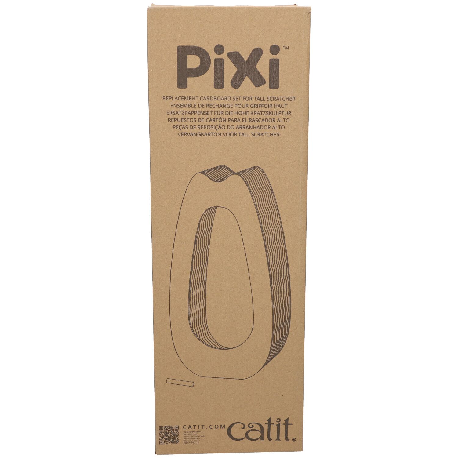 Emballage en carton avec logo "Pixi". Texte : "Replacement Cardboard Set for Tall Scratcher". Logo "Catit" en bas.