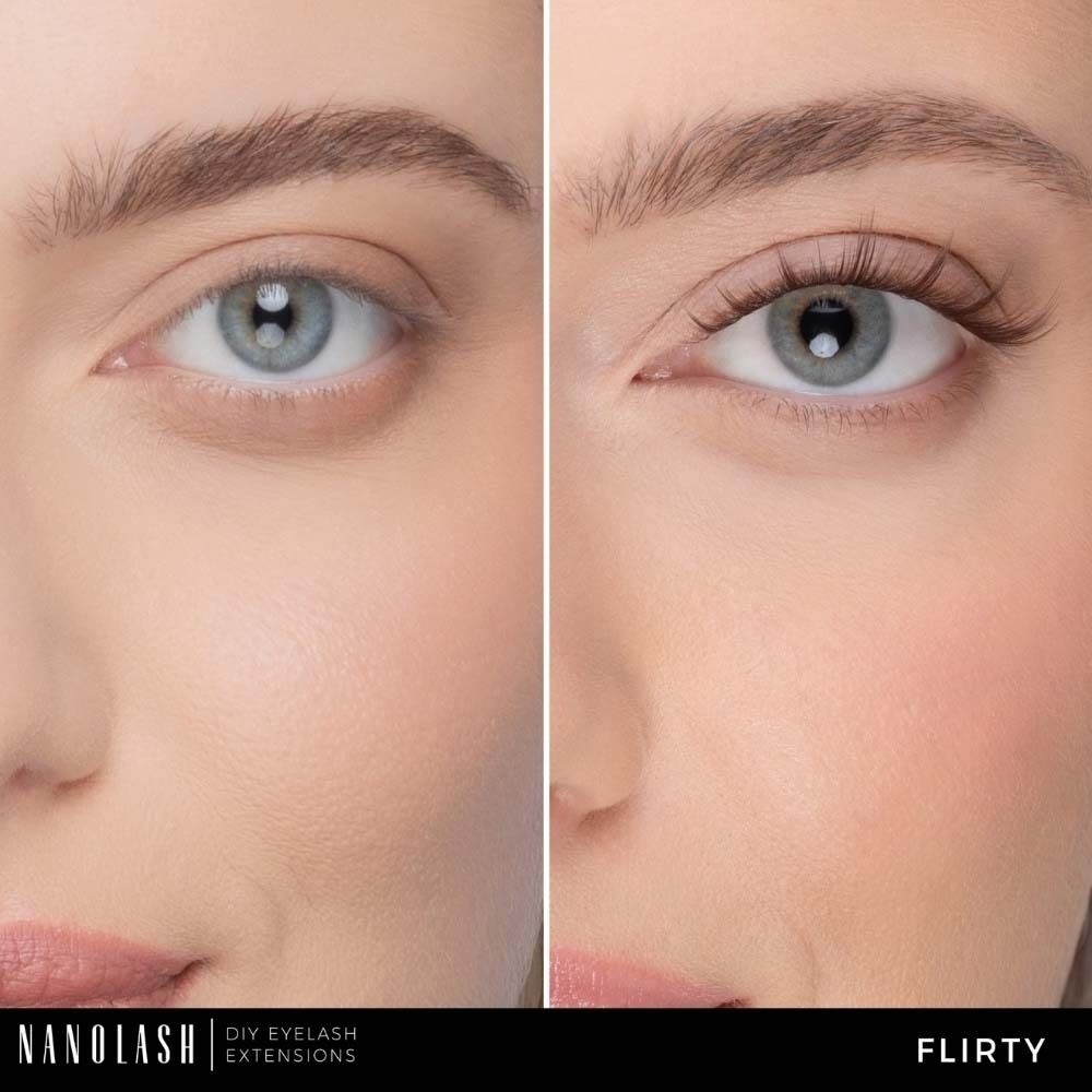 Gros plan d'un œil avec et sans extensions de cils NANOLASH® DIY. Style Flirty. Peau naturelle.