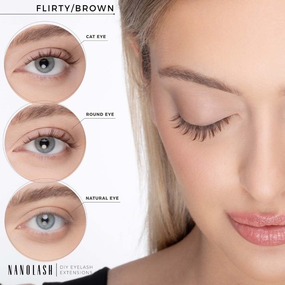 Trois formes d'yeux avec extensions de cils NANOLASH® DIY : Cat Eye, Round Eye, Natural Eye. Flirty/Brun.