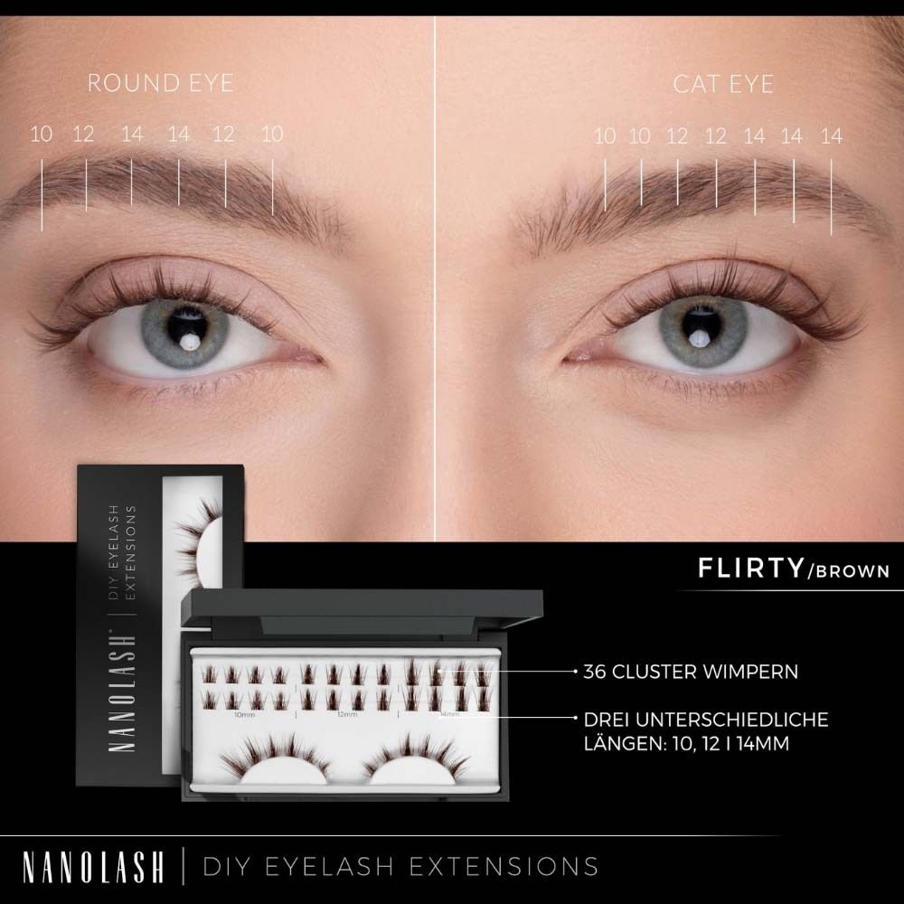 Extensions de cils NANOLASH® DIY Flirty/Brun. 36 cils en grappes. Trois longueurs : 10, 12, 14mm. Emballage noir.