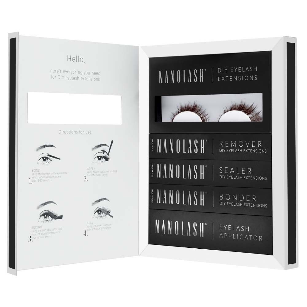 Kit de démarrage NANOLASH® DIY Extensions de cils. Contient cils, démaquillant, scellant, colle et applicateur. Emballage noir.