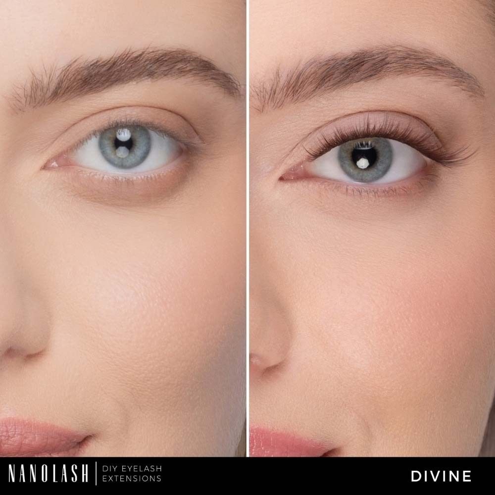 Gros plan d'un visage avec un œil sans et avec extensions de cils NANOLASH® DIY. Différence notable.