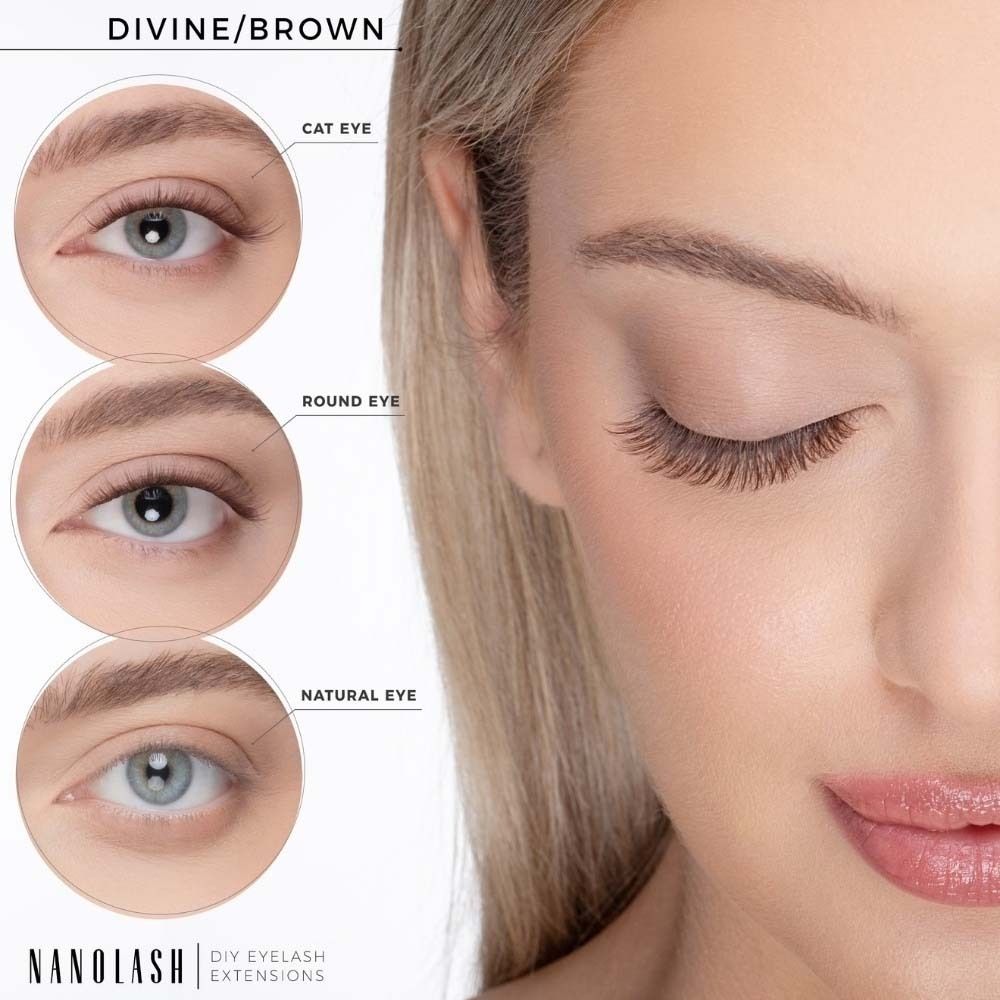 Trois formes d'yeux : Cat Eye, Round Eye, Natural Eye. Extensions de cils NANOLASH® DIY. Divine/Brun.