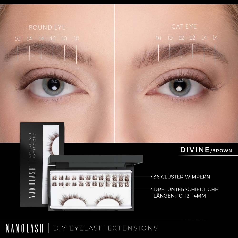Kit de démarrage NANOLASH® DIY Extensions de cils. 36 cils en grappes. Trois longueurs : 10, 12, 14mm. Divine/Brun.