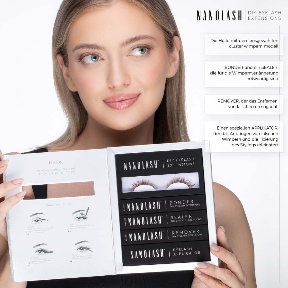 Kit de démarrage NANOLASH® DIY Extensions de cils. Contient cils, colle, scellant, démaquillant et applicateur. Emballage.