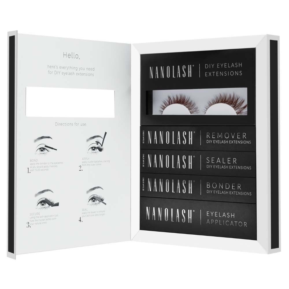 Kit de démarrage d'extensions de cils DIY NANOLASH®. Contient cils, dissolvant, scellant, bonder et applicateur. Emballage noir.