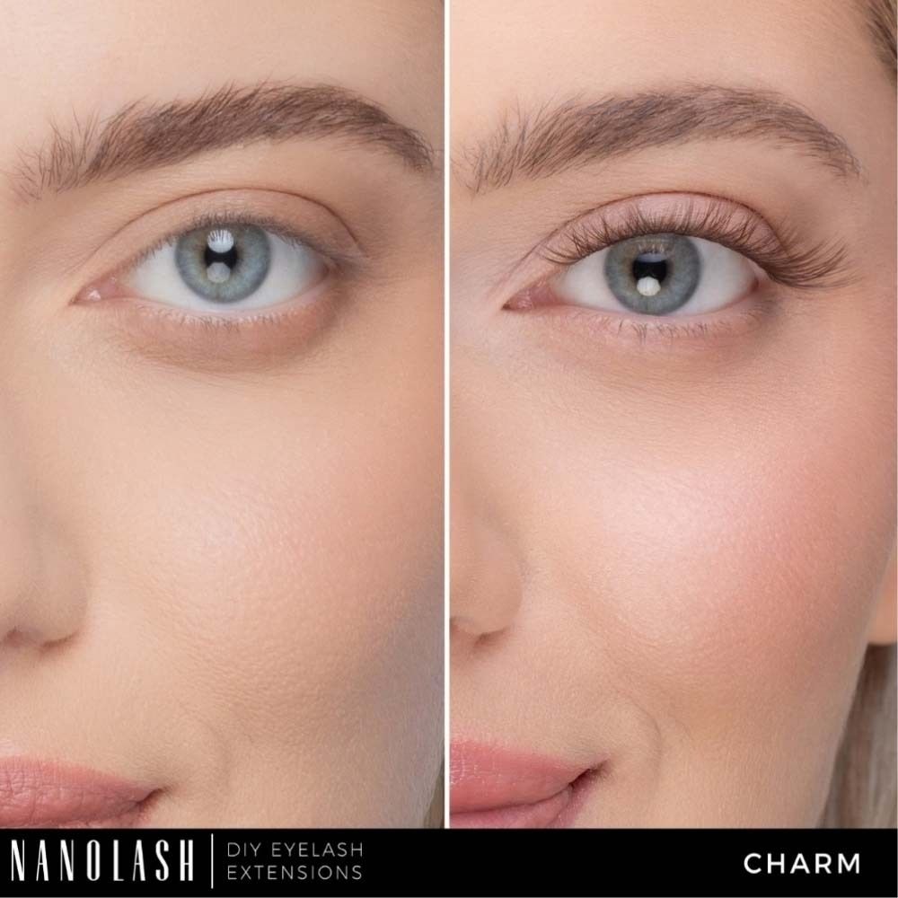 Visage d'une femme avec et sans extensions de cils NANOLASH®. Gauche : Sans. Droite : Avec. Nom du produit : NANOLASH®, Charm.