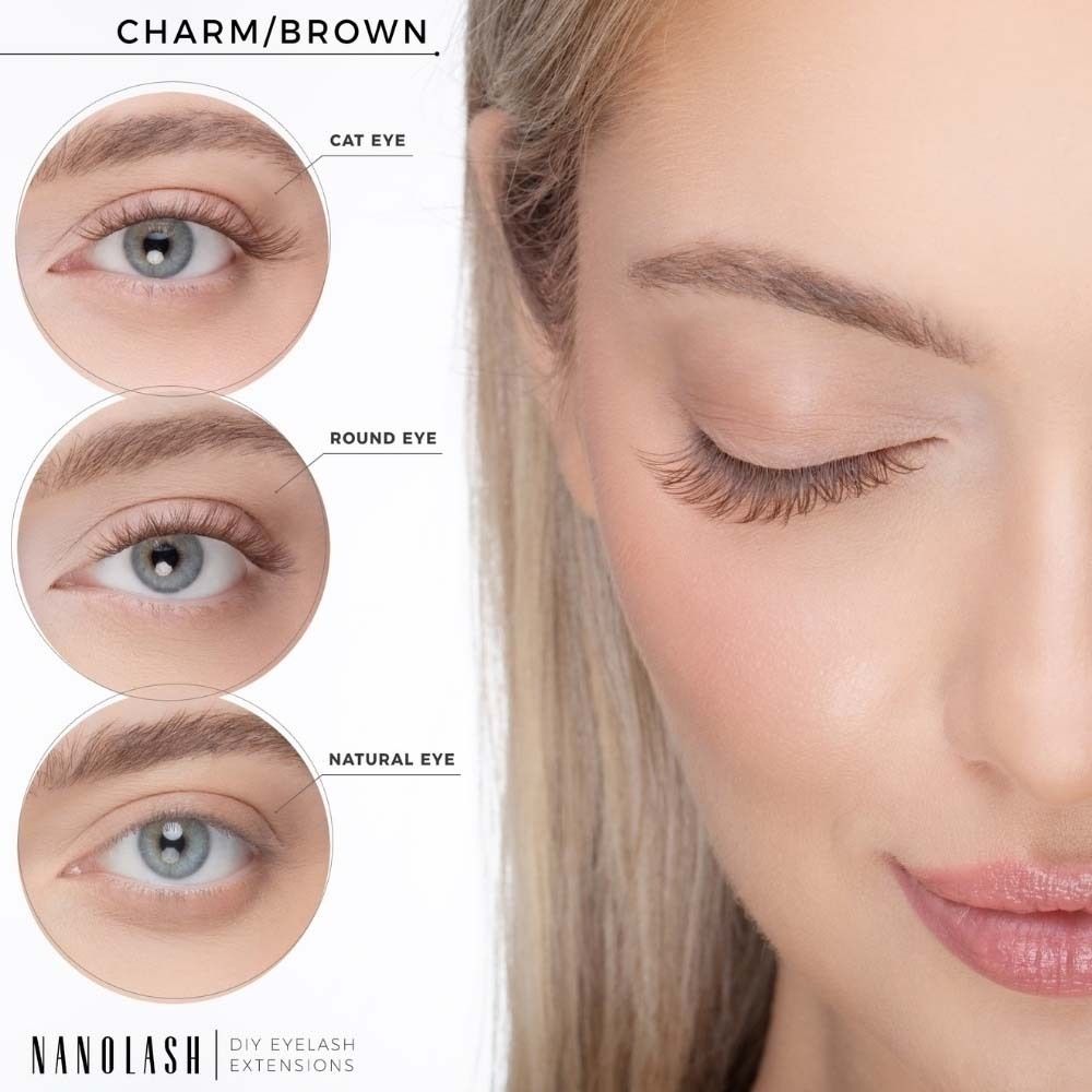 Trois formes d'yeux avec extensions de cils NANOLASH® : Cat Eye, Round Eye, Natural Eye. Nom du produit : NANOLASH®.