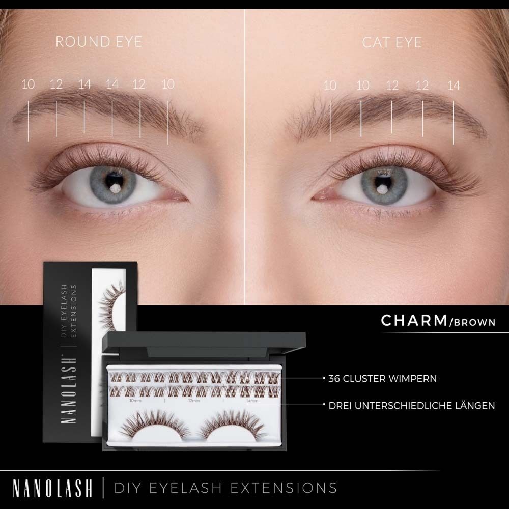 Kit de démarrage d'extensions de cils DIY NANOLASH®. Contient 36 cils en trois longueurs. Nom du produit : NANOLASH®, Charm.