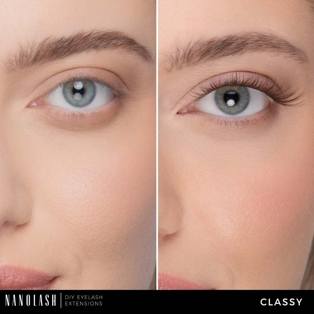 Gros plan d'un œil avant et après l'application d'extensions de cils. Résultat: cils plus fournis.
