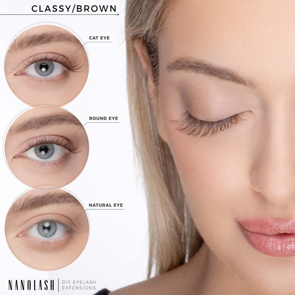 Trois formes d'yeux avec différentes extensions de cils: Cat Eye, Round Eye et Natural Eye. Nom du produit en bas.