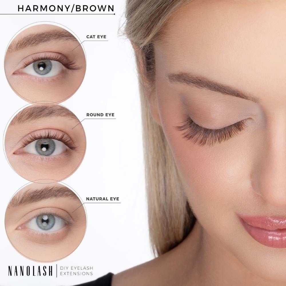 Trois yeux avec différents looks de cils. Texte : HARMONY/MARRON, CAT EYE, ROUND EYE, NATURAL EYE. NANOLASH.