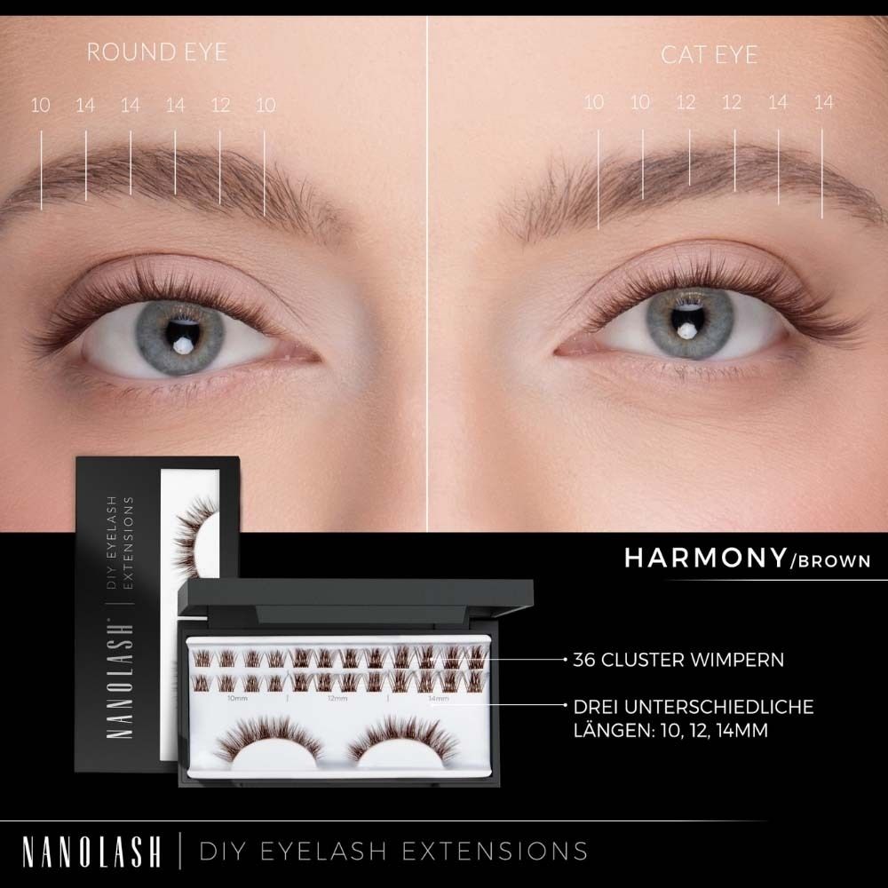 Visage avec yeux. En haut : yeux avec cils. En bas : NANOLASH® DIY Extensions de cils, 36 grappes de cils. HARMONY/MARRON.