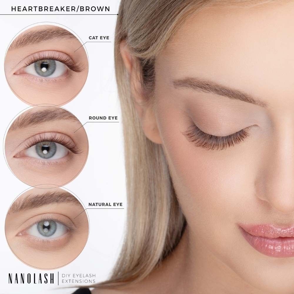 Trois formes d'yeux: Cat Eye, Round Eye, Natural Eye. Extensions de cils NANOLASH® DIY. Nom du produit: HEARTBREAKER/BROWN.