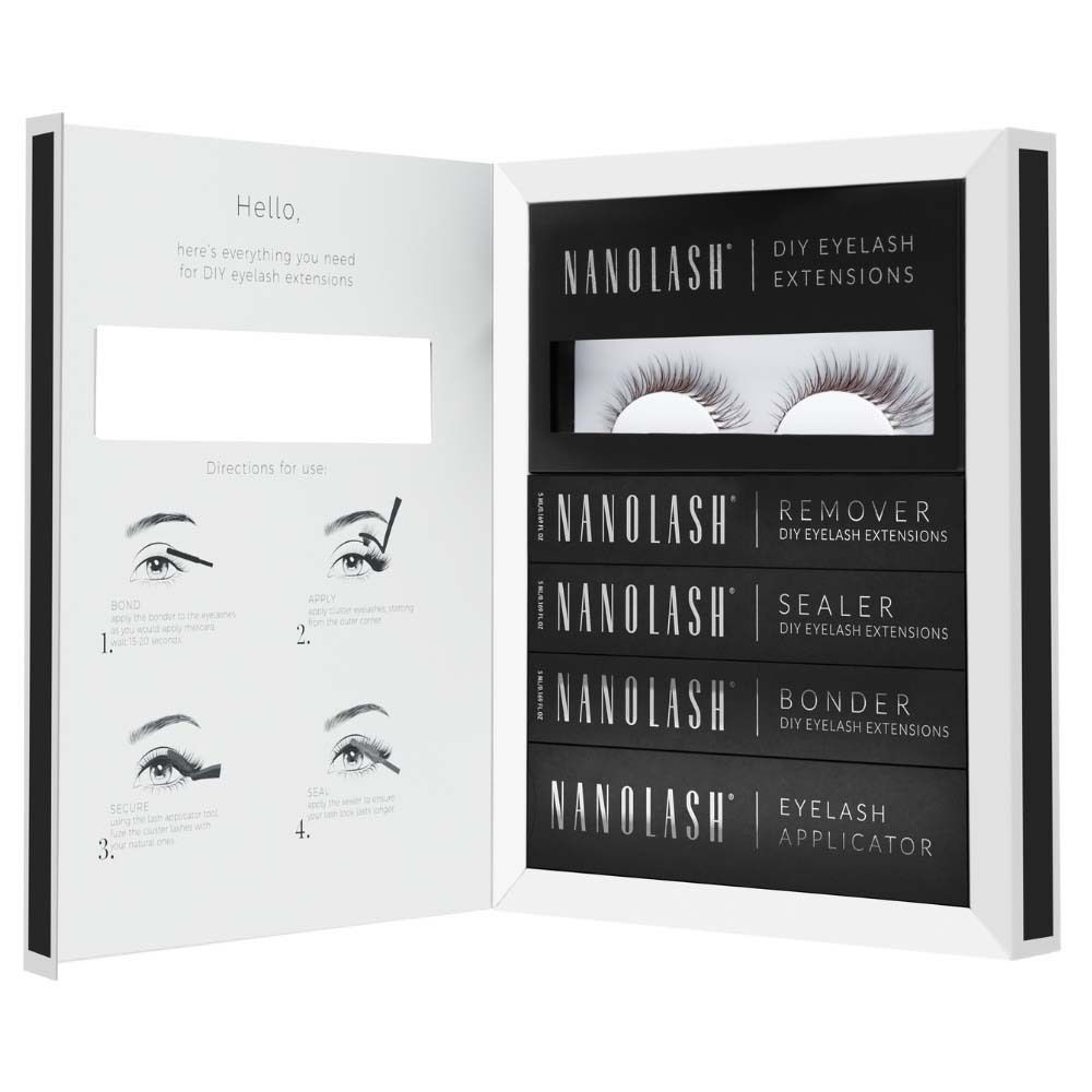Kit Nanolash DIY pour extensions de cils, incluant cils, dissolvant, scellant, fixateur et applicateur.