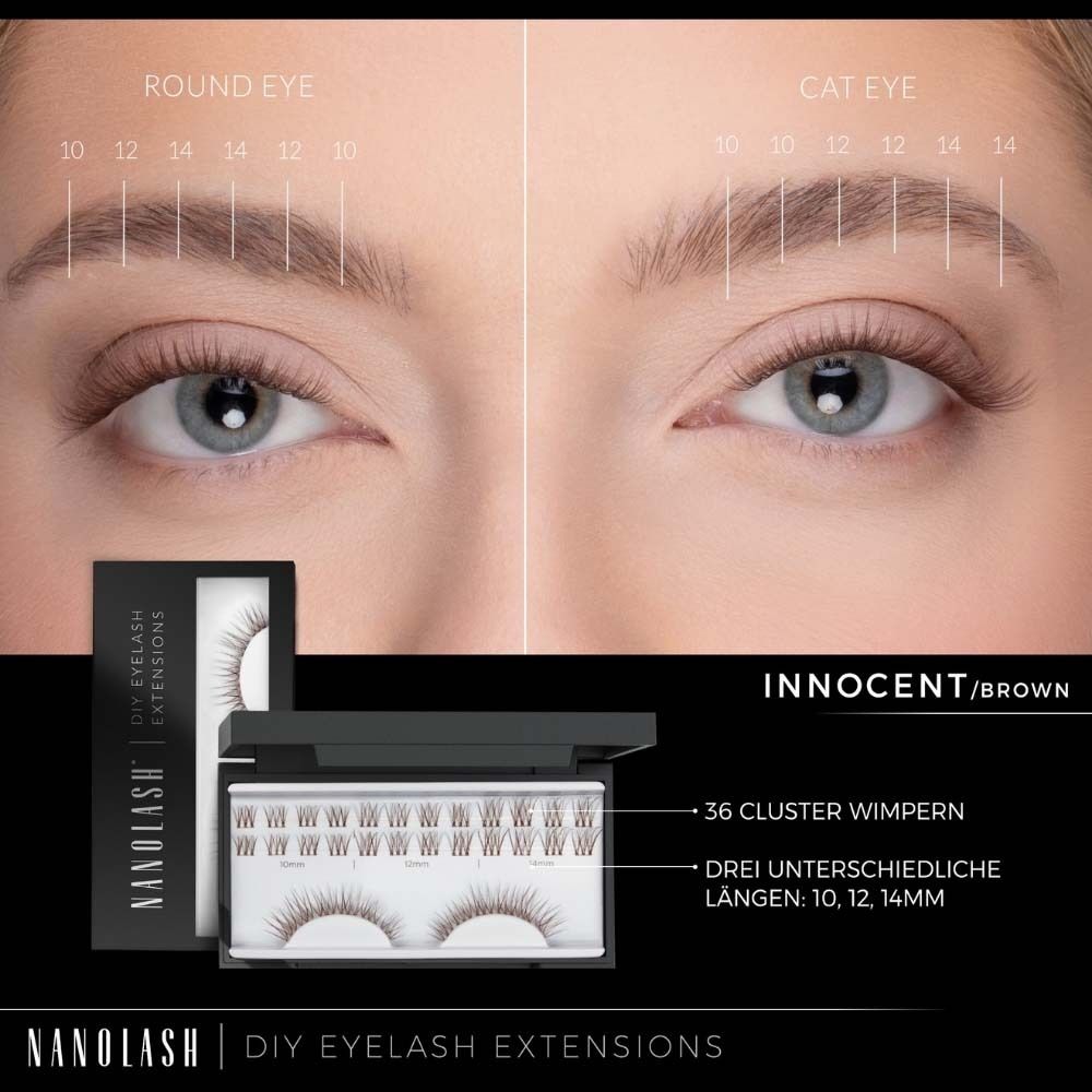 Extensions de cils DIY Nanolash : 36 bouquets de cils, longueurs 10, 12, 14mm. Couleur brune.