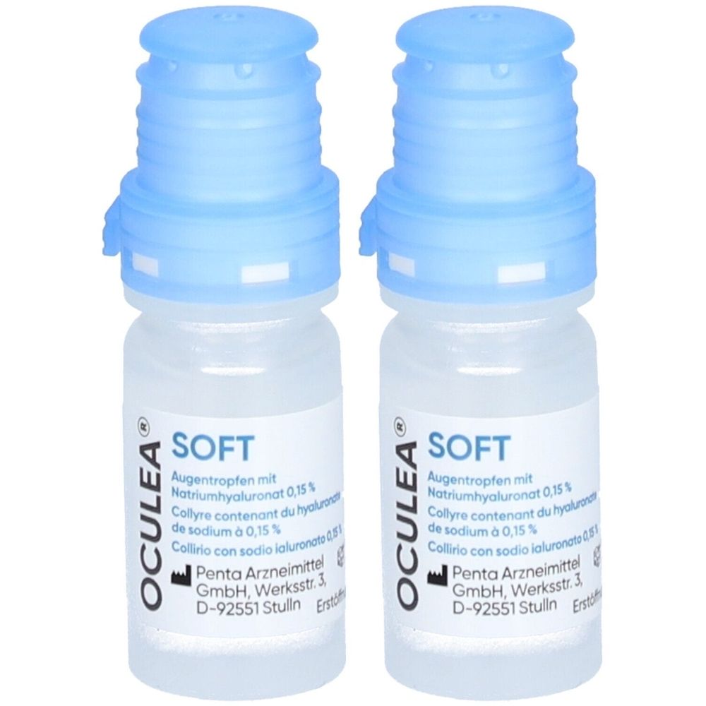 Deux flacons de gouttes oculaires OCULEA SOFT avec bouchon bleu. Inscription : Gouttes oculaires avec hyaluronate de sodium 0,15%.